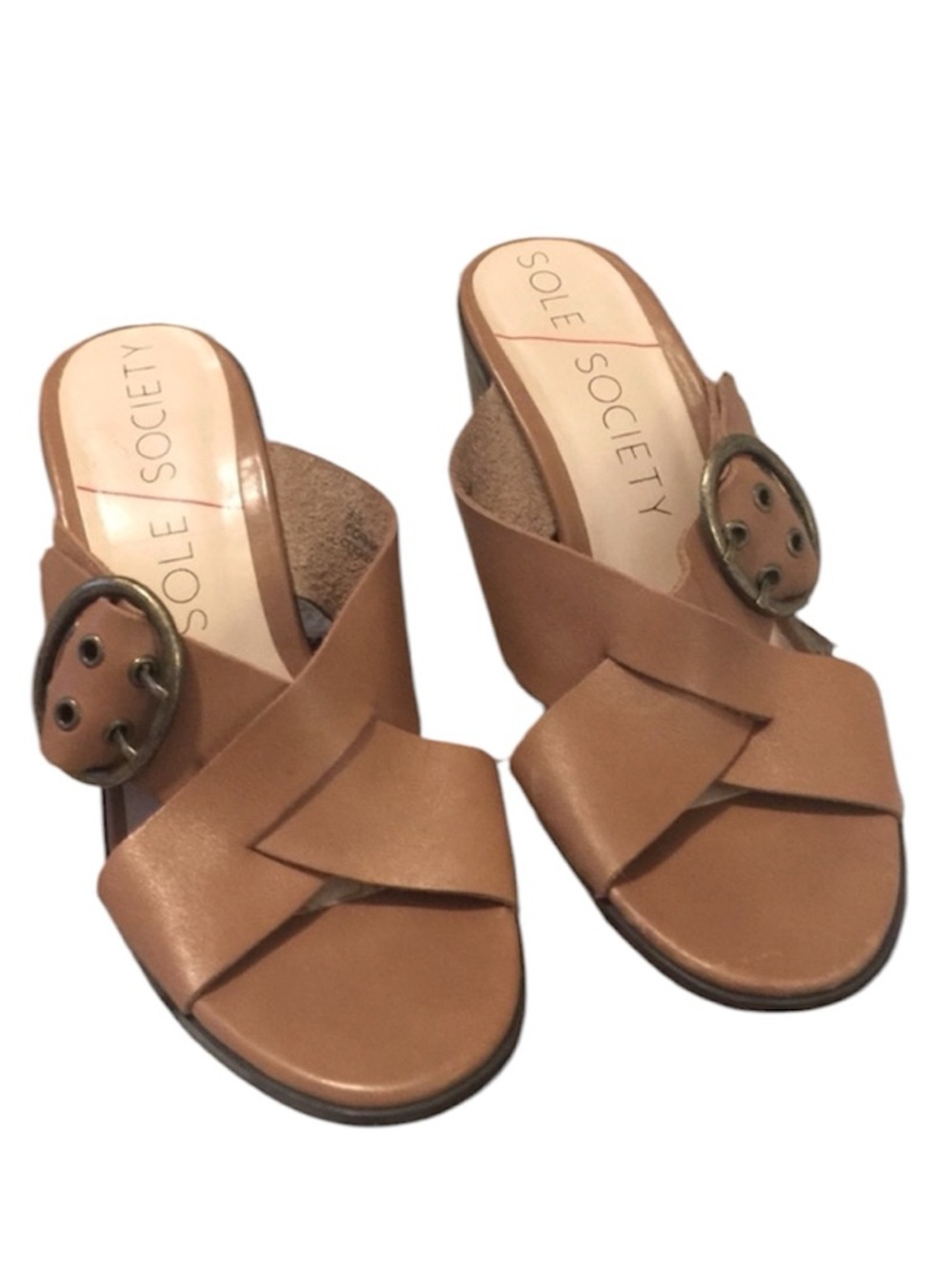 Sole Society Tan Corrine Leather Buckle Criss Cross Block Heel Sandals Shoes 8.5